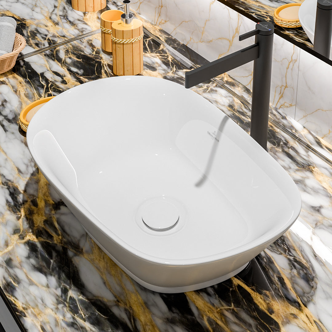 ( طلب مسبق )  حوض فوق الرخامة فيلروي اند بوخ سبواي 5A446001 ابيض لامع 54.5 سم بمجموعة التثبيت