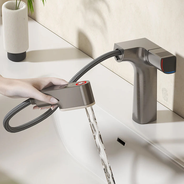 خلاط حوض حمام وسط 6002 G جراي بشاشة ديجيتال وسماعة بخرطوم شداد 3 انظمة لنزول المياة