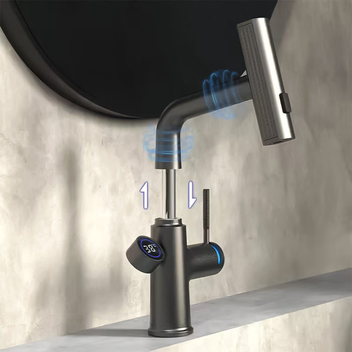 خلاط حوض حمام عالي 6003 G جراي بشاشة ديجيتال وسماعة بخرطوم شداد 3 انظمة لنزول المياة