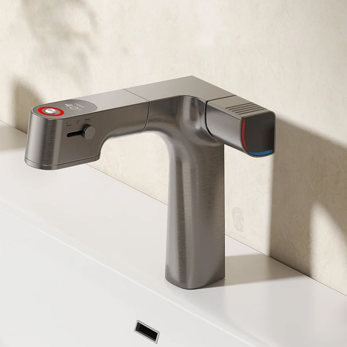 خلاط حوض حمام وسط 6002 G جراي بشاشة ديجيتال وسماعة بخرطوم شداد 3 انظمة لنزول المياة