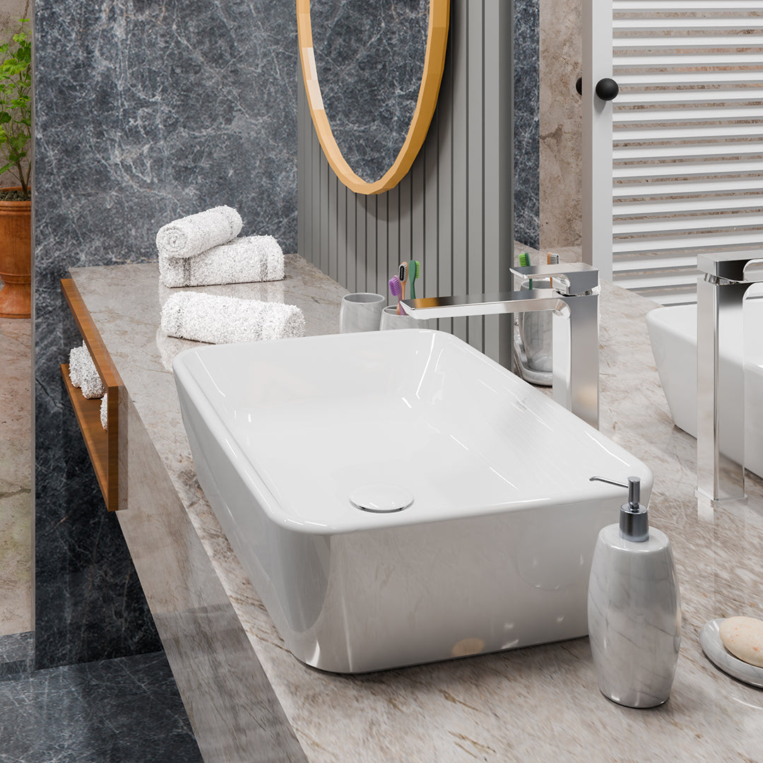 ( طلب مسبق )  حوض فوق الرخامة فيلروي اند بوخ فانتيشللو 5A536301 ابيض لامع 60 سم بمجموعة التثبيت