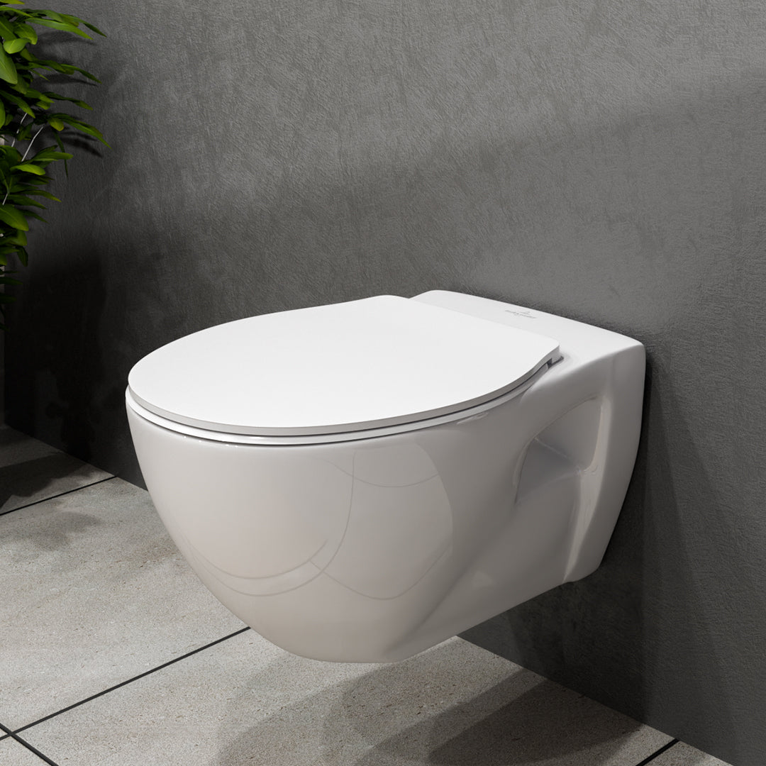 ( طلب مسبق )  مرحاض معلق فيلروي اند بوخ اونوفو 5C31B301 ابيض ريمليس بالسيديلي ذاتي الغلق والمقبض والشطاف الداخلي ومجموعة التثبيت