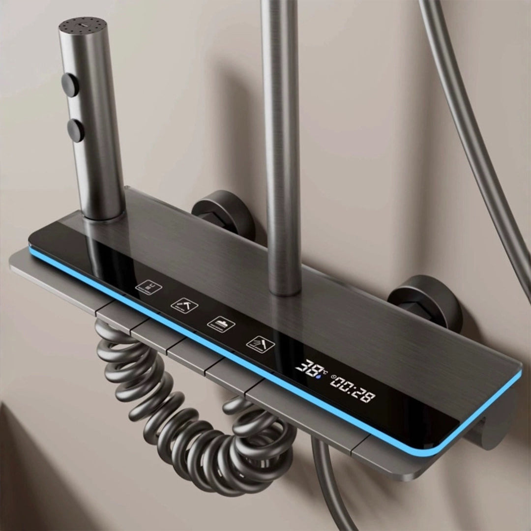 ( طلب مسبق )  شاور سيستم بيانو العمار ايروس 61 جراي × اسود 4 مخرج عامود دش بالخلاط شاشة ديجيتال واضاءة ليد