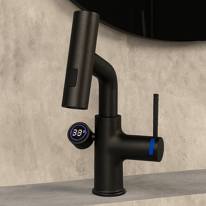 ( طلب مسبق )  خلاط حوض حمام عالي 6003 B اسود بشاشة ديجيتال وسماعة بخرطوم شداد 3 انظمة لنزول المياة