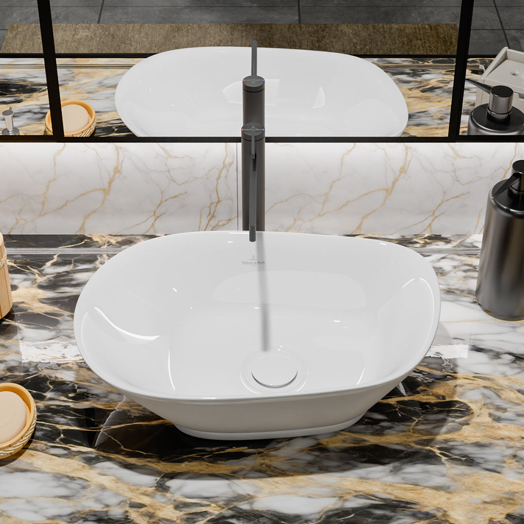 ( طلب مسبق )  حوض فوق الرخامة فيلروي اند بوخ سبواي 5A446001 ابيض لامع 54.5 سم بمجموعة التثبيت