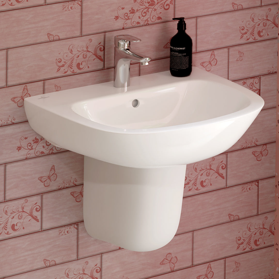 ( طلب مسبق )  حوض حمام بالعامود المعلق فيلروي اند بوخ اونوفو 5A385501 ابيض 55 سم بمجموعة التثبيت