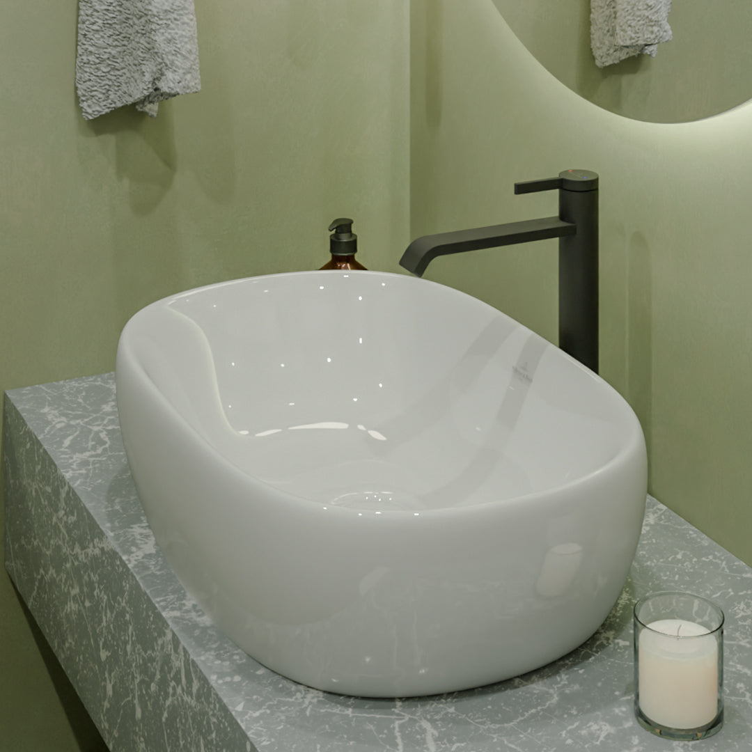 ( طلب مسبق )  حوض فوق الرخامة فيلروي اند بوخ افينتو 5A376301 ابيض لامع 59 سم بمجموعة التثبيت