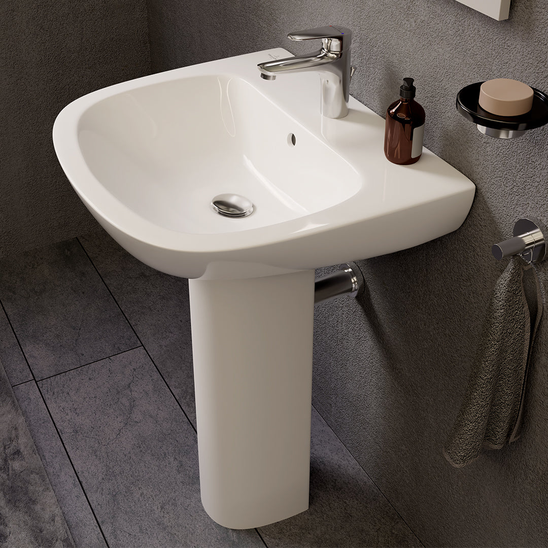 ( طلب مسبق )  حوض حمام بالعامود الطويل فيلروي اند بوخ اونوفو 5A385501 ابيض 55 سم بمجموعة التثبيت