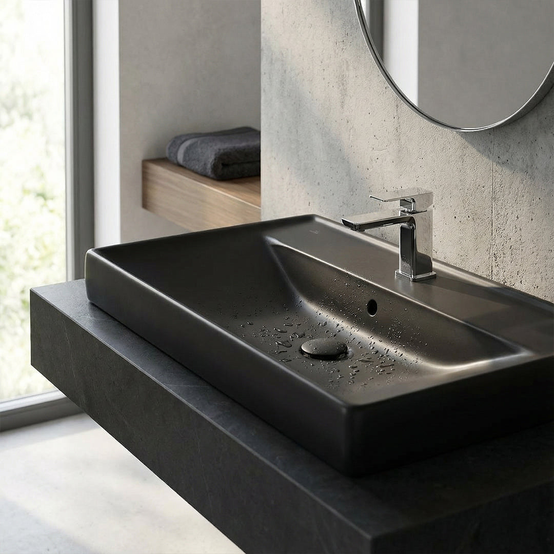 ( طلب مسبق )  حوض وحدة موبيليا فيلروي اند بوخ فانتيشللو 5A478538 اسود مط 85 سم بمجموعة التثبيت