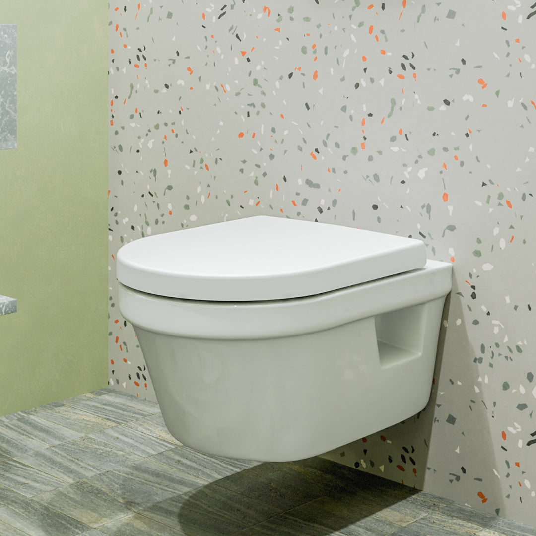 ( طلب مسبق )  مرحاض معلق فيلروي اند بوخ افينتو 5684B301 ابيض ريمليس بالسيديلي ذاتي الغلق والمقبض والشطاف الداخلي بمجموعة التثبيت