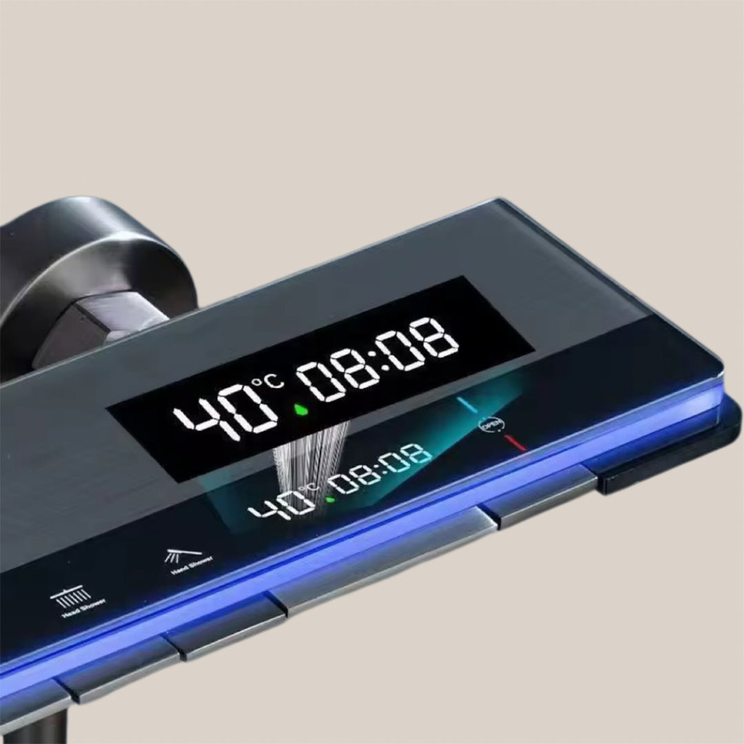 ( طلب مسبق )  شاور سيستم بيانو العمار ايروس 61 جراي × اسود 4 مخرج عامود دش بالخلاط شاشة ديجيتال واضاءة ليد