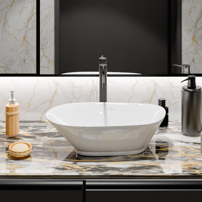 ( طلب مسبق )  حوض فوق الرخامة فيلروي اند بوخ سبواي 5A446001 ابيض لامع 54.5 سم بمجموعة التثبيت