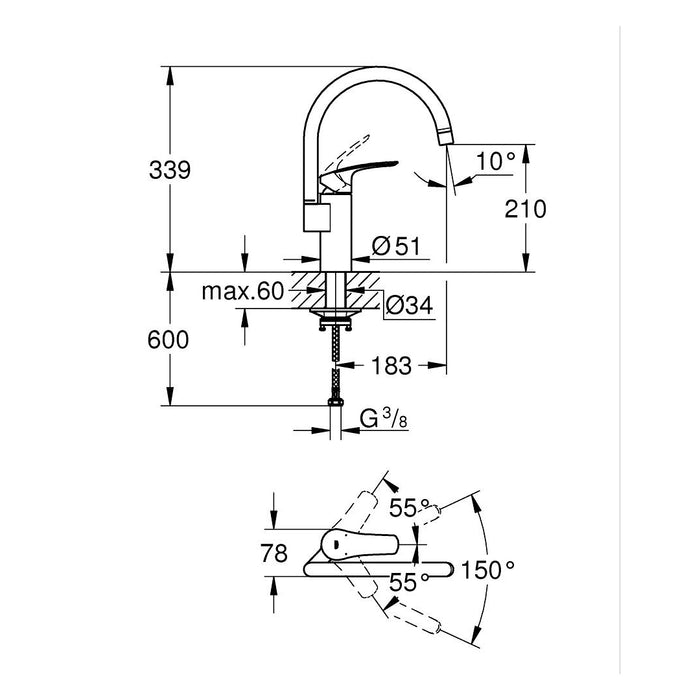 خلاط مطبخ شجرة جروهي يوروسمارت 33202003 كروم ارتفاع 34 سم