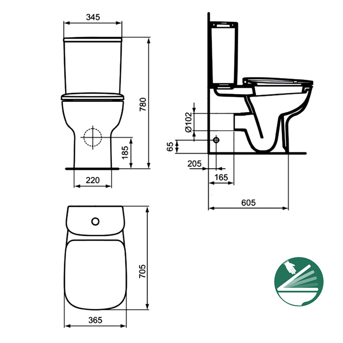 مرحاض ملاصق للحائط ايديال ستاندرد نيو ايسيدرا G 282101 ابيض بالسيديلي ذاتي الغلق والشطاف الداخلي والخزان بالعدة ومجموعة التثبيت