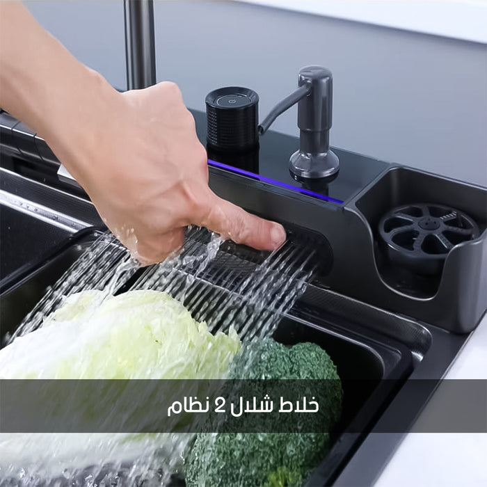 ( طلب مسبق )  حوض مطبخ سمارت 625 لوكس 5 ازرار 75 × 46 سم رمادي غامق ليد مضئ بجميع الكماليات ضمان 24 شهر