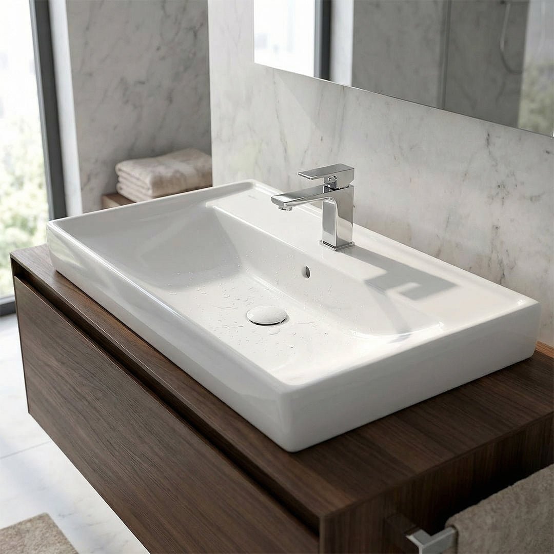 ( طلب مسبق )  حوض وحدة موبيليا فيلروي اند بوخ فانتيشللو 5A478501 ابيض لامع 85 سم بمجموعة التثبيت