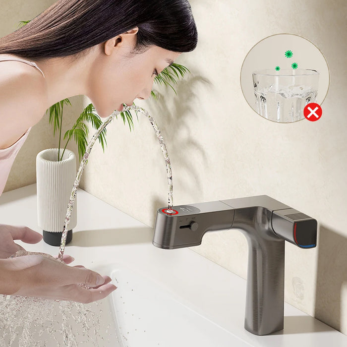 خلاط حوض حمام وسط 6002 G جراي بشاشة ديجيتال وسماعة بخرطوم شداد 3 انظمة لنزول المياة