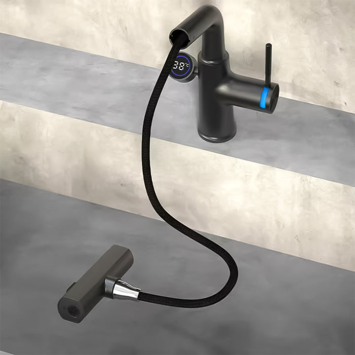 خلاط حوض حمام عالي 6003 G جراي بشاشة ديجيتال وسماعة بخرطوم شداد 3 انظمة لنزول المياة