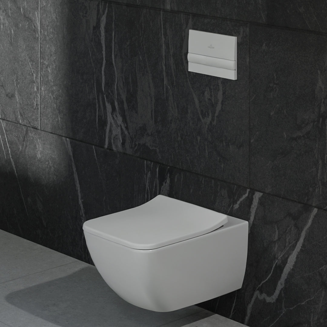 ( طلب مسبق )  مرحاض معلق فيلروي اند بوخ فانتيشللو 4611B301 ابيض لامع ريمليس بالسيديلي ذاتي الغلق والمقبض والشطاف الداخلي ومجموعة التثبيت