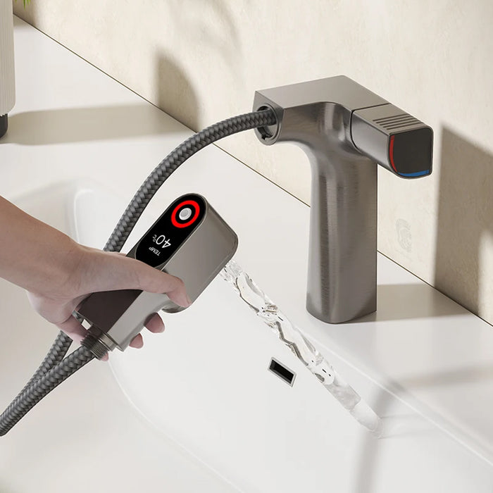 خلاط حوض حمام وسط 6002 G جراي بشاشة ديجيتال وسماعة بخرطوم شداد 3 انظمة لنزول المياة