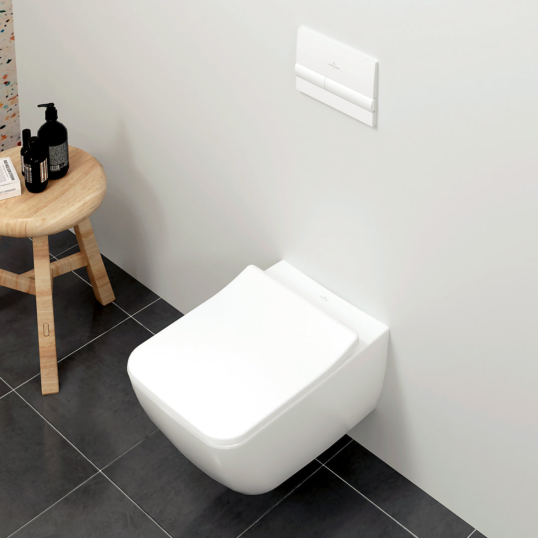 ( طلب مسبق )  مرحاض معلق فيلروي اند بوخ فانتيشللو 4611B301 ابيض لامع ريمليس بالسيديلي ذاتي الغلق والمقبض والشطاف الداخلي ومجموعة التثبيت