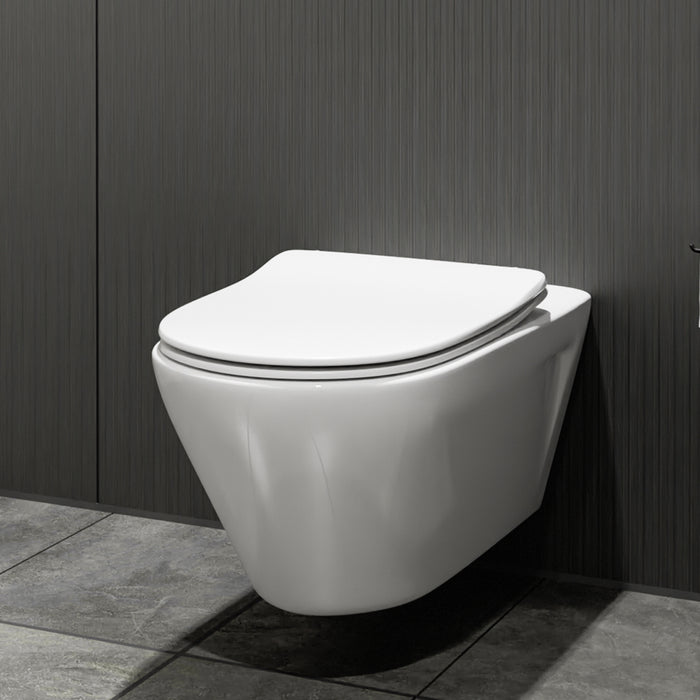 ( طلب مسبق )  مرحاض معلق فيلروي اند بوخ سبواي 5C35T301 ابيض لامع ريمليس بالسيديلي ذاتي الغلق والمقبض والشطاف الداخلي ومجموعة التثبيت