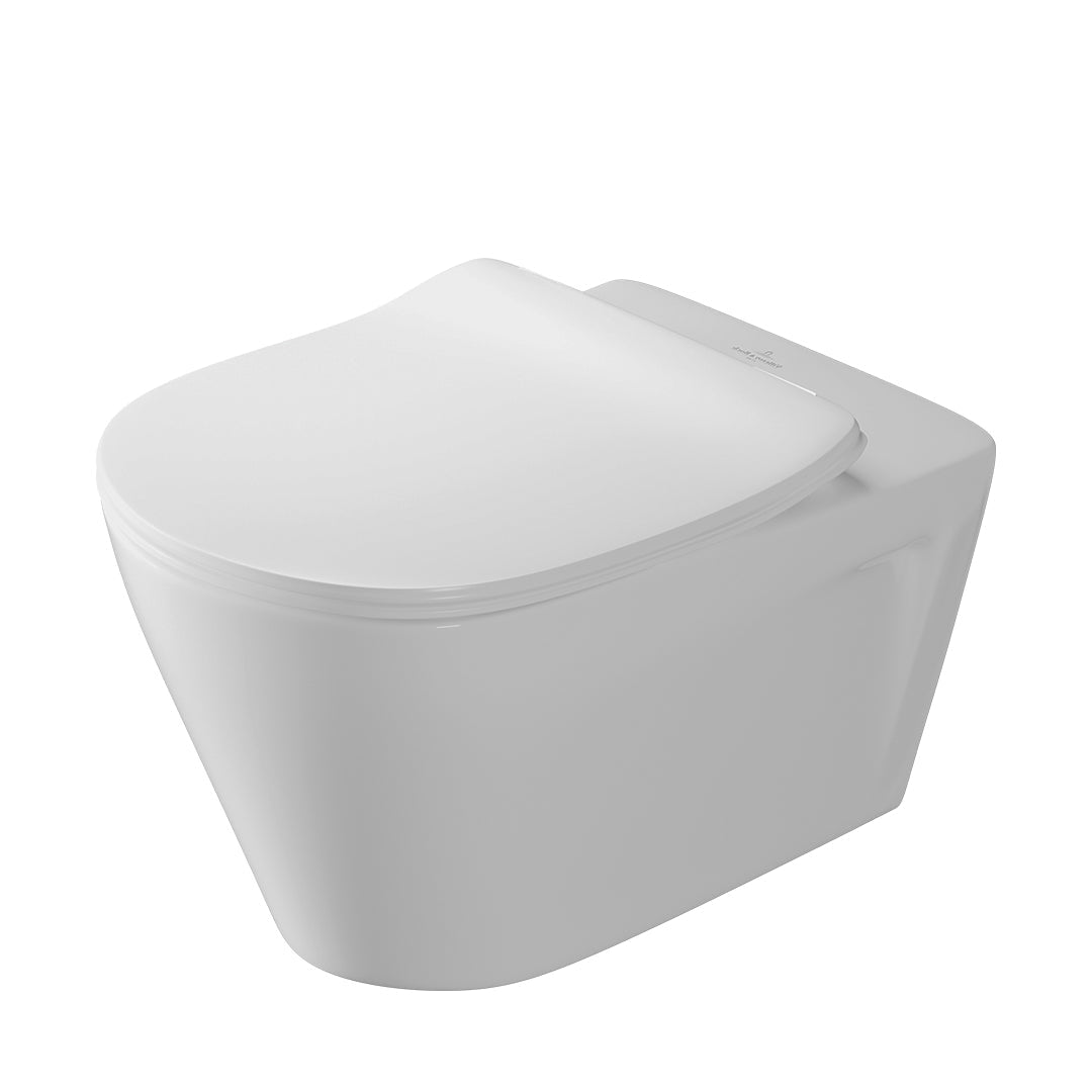 ( طلب مسبق )  مرحاض معلق فيلروي اند بوخ سبواي 5C35T301 ابيض لامع ريمليس بالسيديلي ذاتي الغلق والمقبض والشطاف الداخلي ومجموعة التثبيت