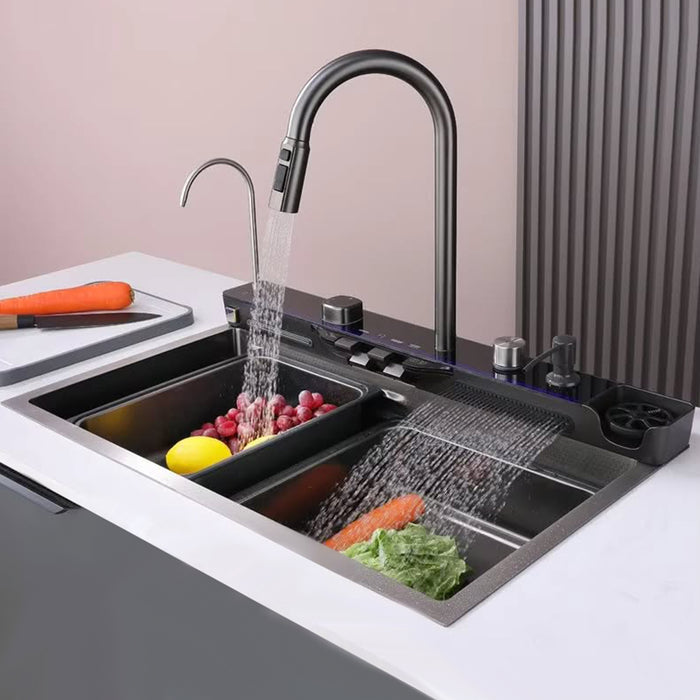 ( طلب مسبق )  حوض مطبخ سمارت 625 لوكس 5 ازرار 75 × 46 سم رمادي غامق ليد مضئ بجميع الكماليات ضمان 24 شهر