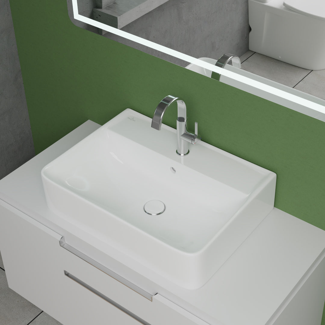 ( طلب مسبق )  حوض وحدة موبيليا فيلروي اند بوخ سبواي 5A416501 ابيض لامع 65 سم بمجموعة التثبيت