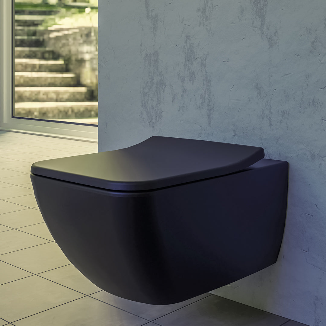 ( طلب مسبق )  مرحاض معلق فيلروي اند بوخ فانتيشللو 4611B338 اسود مط ريمليس بالسيديلي ذاتي الغلق والمقبض والشطاف الداخلي ومجموعة التثبيت