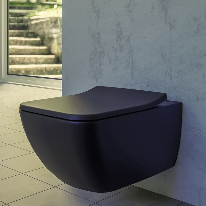 ( طلب مسبق )  مرحاض معلق فيلروي اند بوخ فانتيشللو 4611B338 اسود مط ريمليس بالسيديلي ذاتي الغلق والمقبض والشطاف الداخلي ومجموعة التثبيت