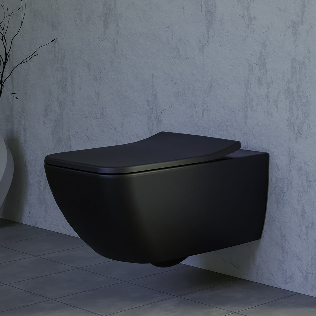 ( طلب مسبق )  مرحاض معلق فيلروي اند بوخ فانتيشللو 4611B338 اسود مط ريمليس بالسيديلي ذاتي الغلق والمقبض والشطاف الداخلي ومجموعة التثبيت