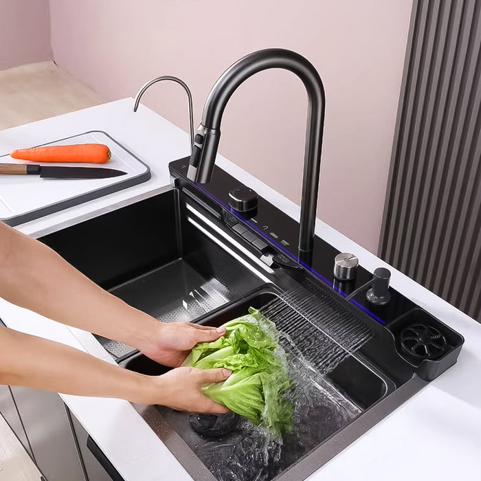 ( طلب مسبق )  حوض مطبخ سمارت 625 لوكس 5 ازرار 75 × 46 سم رمادي غامق ليد مضئ بجميع الكماليات ضمان 24 شهر