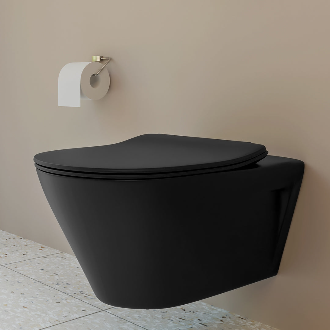( طلب مسبق )  مرحاض معلق فيلروي اند بوخ سبواي 5C35T338 اسود مط ريمليس بالسيديلي ذاتي الغلق والمقبض والشطاف الداخلي ومجموعة التثبيت