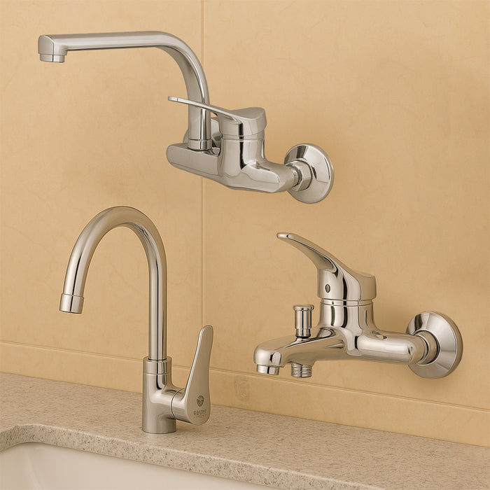 طقم خلاط 3 قطع دايموند ريد DR كروم (خلاط حوض DR 01 وخلاط بانيو DR 02 وخلاط مطبخ حائطي DR 03)