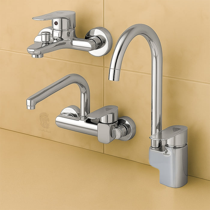 طقم خلاط 3 قطع دايموند بيراميدز DP كروم (خلاط حوض DP 01 وخلاط بانيو DP 02 وخلاط مطبخ حائطي DP 03)