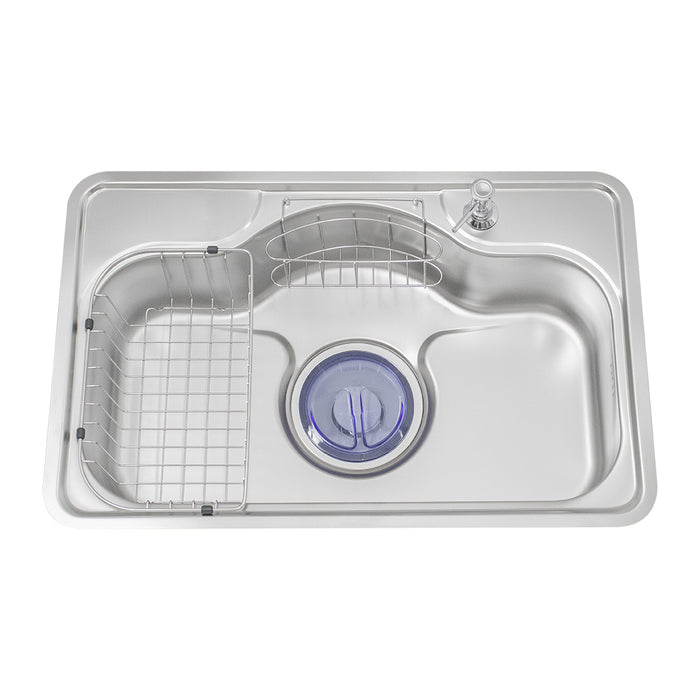 حوض مطبخ استانلس ستيل كورينا NJIS 750 F شفه فلات 75 × 48 × 19 سم بالصرف 6 بوصة سُمك 0.8 مم ضاغط صابون وصفاية للاطباق وللمنظفات