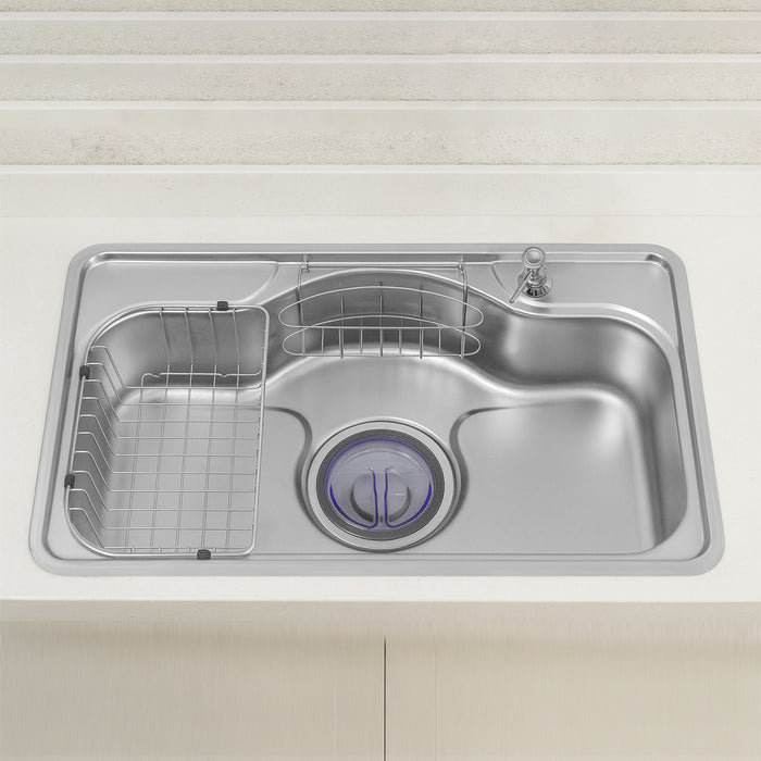 حوض مطبخ استانلس ستيل كورينا NJIS 750 F شفه فلات 75 × 48 × 19 سم بالصرف 6 بوصة سُمك 0.8 مم ضاغط صابون وصفاية للاطباق وللمنظفات