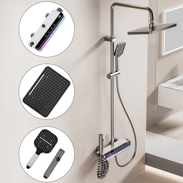 ( طلب مسبق )  شاور سيستم بيانو 4 مخرج A كروم عامود دش بالخلاط ليد مضيئ بشاشة