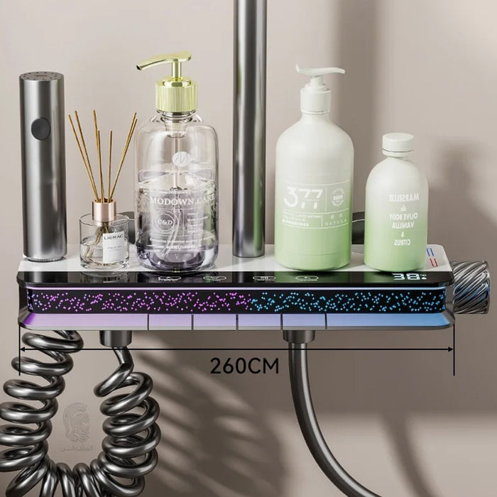 ( طلب مسبق )  شاور سيستم بيانو 4 مخرج A كروم عامود دش بالخلاط ليد مضيئ بشاشة