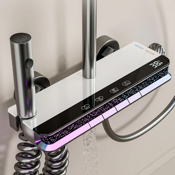 ( طلب مسبق )  شاور سيستم بيانو 4 مخرج A جراي عامود دش بالخلاط ليد مضيئ بشاشة