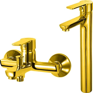 Global Standard Sky 2-Piece Mixer Set, Gold, Tall Basin Mixer and Bath Mixer
