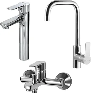Global Standard Sky 3-Piece Mixer Set Chrome (Basin Mixer 1073, Bath Mixer 1071 & Kitchen Mixer 1077)