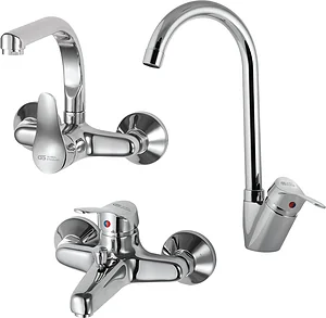 Global Standard Fiora Mixer Set: Tall Swivel Spout Basin Mixer, Bath Mixer & Wall-Mounted Kitchen Mixer with Upper Spout, Chrome