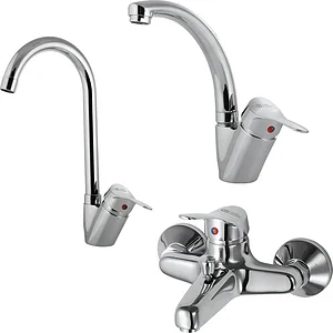 Global Standard Fiora Mixer Set: Tall Swivel Spout Basin Mixer, Bath Mixer & Pillar Kitchen Mixer, Chrome