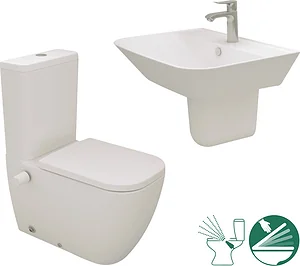 Sanipure Magnus Bathroom Set Pergamon: Back-to-Wall Hydrojet Toilet with Soft-Close Seat & 65 cm Basin with Half Pedestal