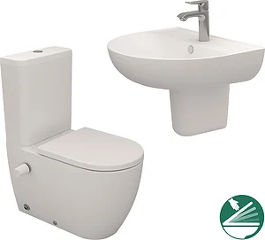 Sanipure Vega Bathroom Set, Pergamon Back-to-Wall Toilet with Soft-Close Seat & Cover and 60 cm Basin with Half Pedestal