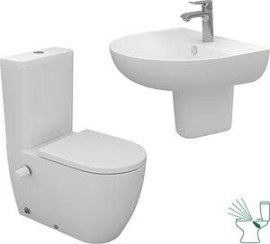 Sanipure Vega Bathroom Set, White, Back-to-Wall Hydrojet Toilet and 60 cm Basin with Half Pedestal