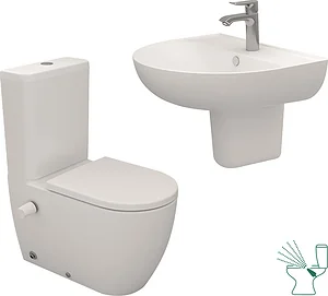 Sanipure Vega Bathroom Set, Pergamon Back-to-Wall Hydrojet Toilet and 60 cm Basin with Half Pedestal