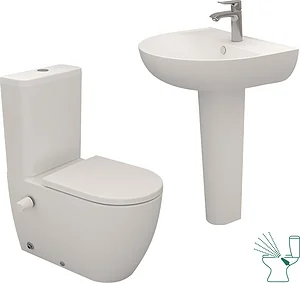 Sanipure Vega Bathroom Set, Pergamon Back-to-Wall Hydrojet Toilet and 60 cm Basin with Full Pedestal